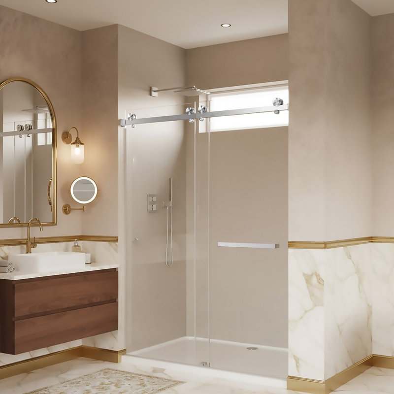 Porte de douche coulissante de 56 à 60 po x H 76 po avec verre trempé antidéflagrant de 3/8 po (10 mm), sans cadre, quincaillerie en acier inoxydable