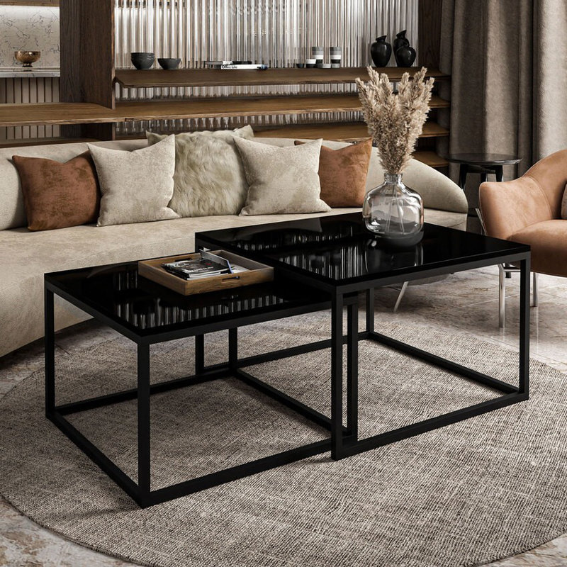 Sattley 2 Piece Coffee Table, White, Black Matt