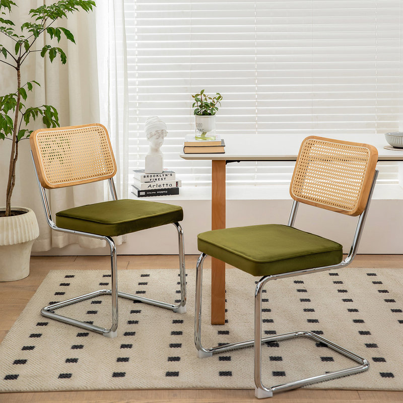 Tristen Rattan and Fabric Upholstered Dining Chairs, Silver, Olive Green