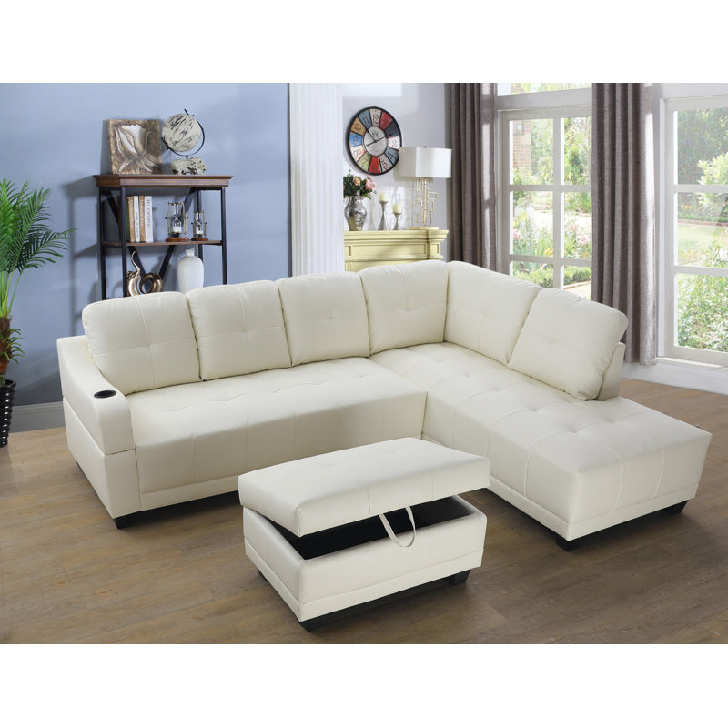 Canapé avec méridienne avec repose-pieds 96,2 po Sherial, Similicuir blanc cassé