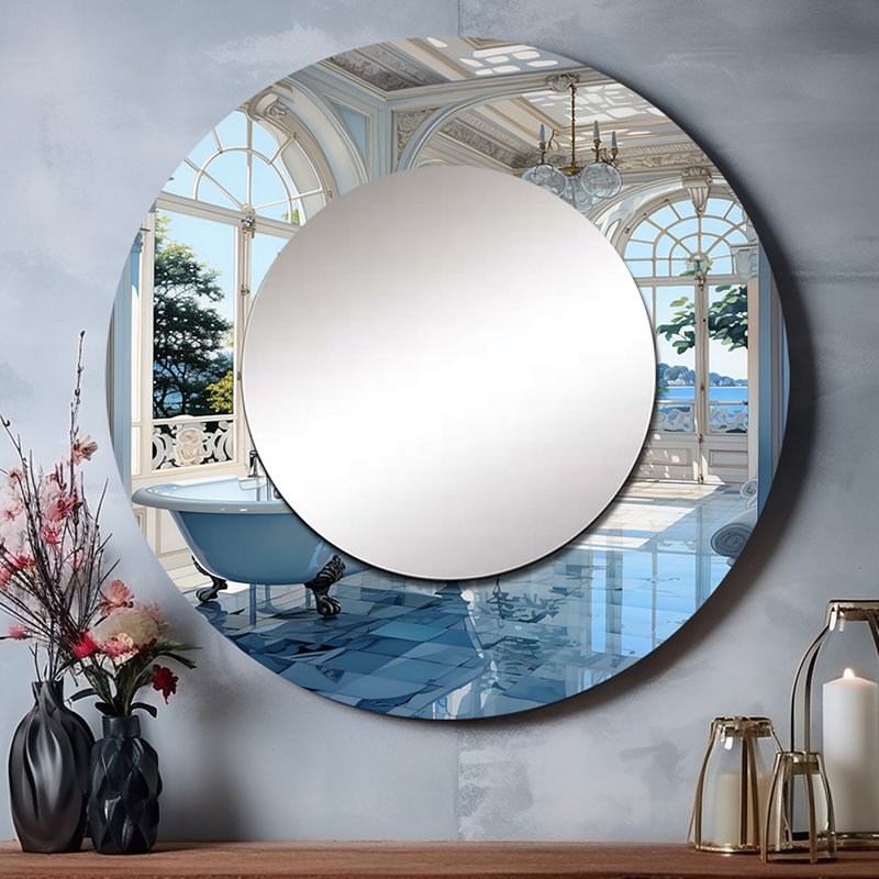 Bathroom Tranquil Reflections II - Bathroom Decorative Mirror, Blue Round Wall Mirror, Printed Metal Art, 29" x 29"