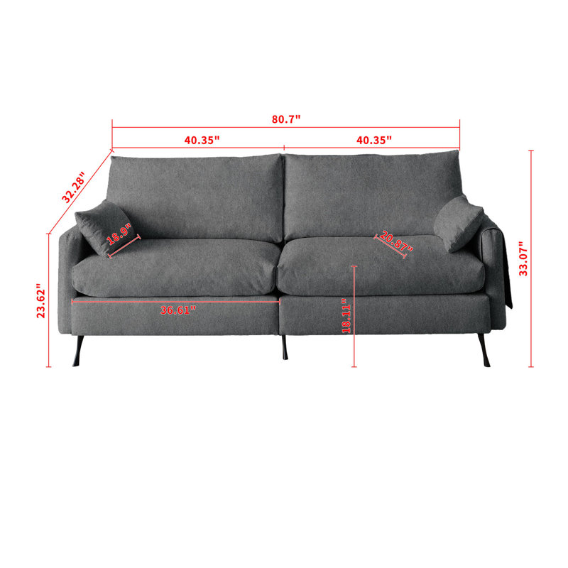 L 80 po gris spacieux avec 3 sièges et coussins, idéal pour les appartements avec 3 coussins épais et confortables, salon de chambre à coucher