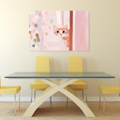 Curious Orange Cat Peek Abstract Playful Whimsical Cat Wall Art Print by Mathieu - Wrapped Canvas Print