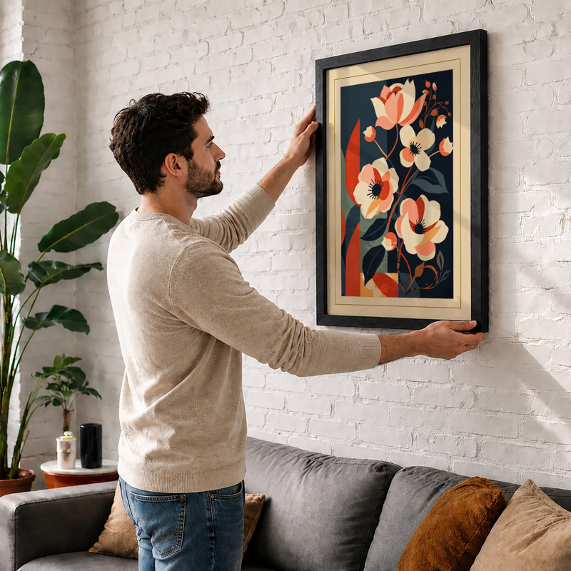 Peachy Blooms on Navy Botanical - Framed Print, A4 - 29.7 x 21.0 cm, Unframed