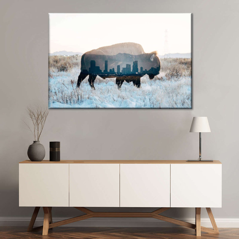 Bison et horizon sur toile, H 26 po x l 39 po x P 1,25 po