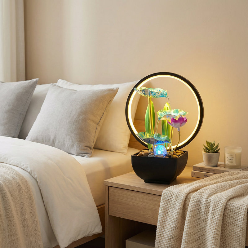 Fontaine de bureau lotus vert avec halo
