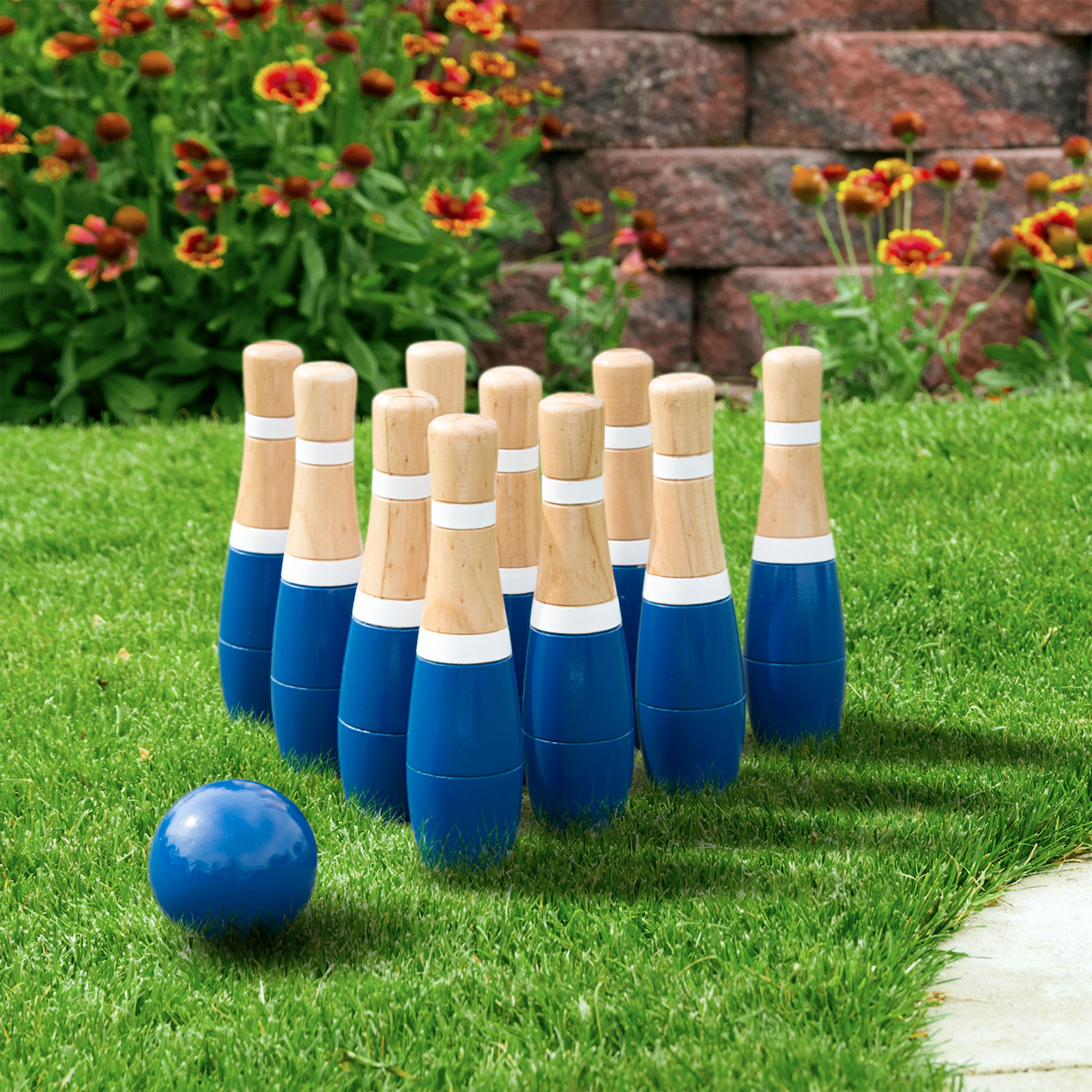 13-Piece Wood Bowling Set - Indoor/Outdoor Bowling Game for Adults and Kids Ages 3 and Up - 10 Wood