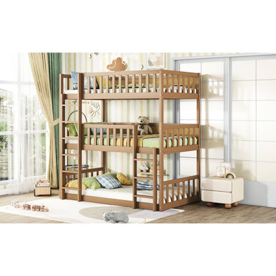Élégant lit superposé simple au-dessus d'un lit superposé triple en bois d'hévéa blanc
