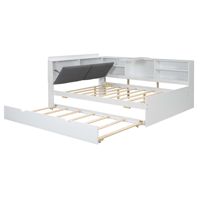 Lit plateforme en bois avec lit gigogne, tablettes et tête de lit avec rangement, Lit double, Blanc