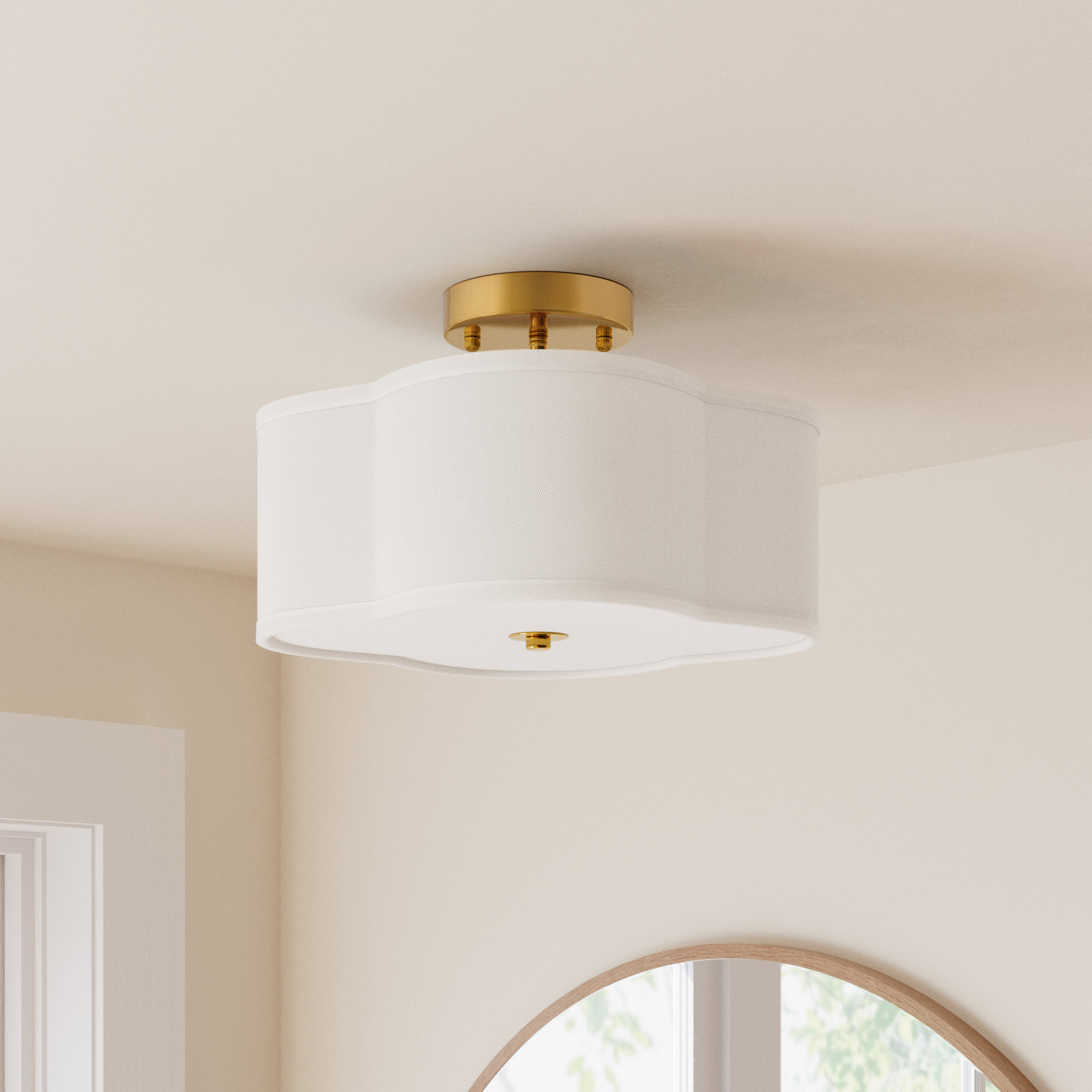 4-Light Fabric Semi Flush Mount Ceiling Light Fixture, 6.9" H x 12.6'' W x 12.6" D, Brass