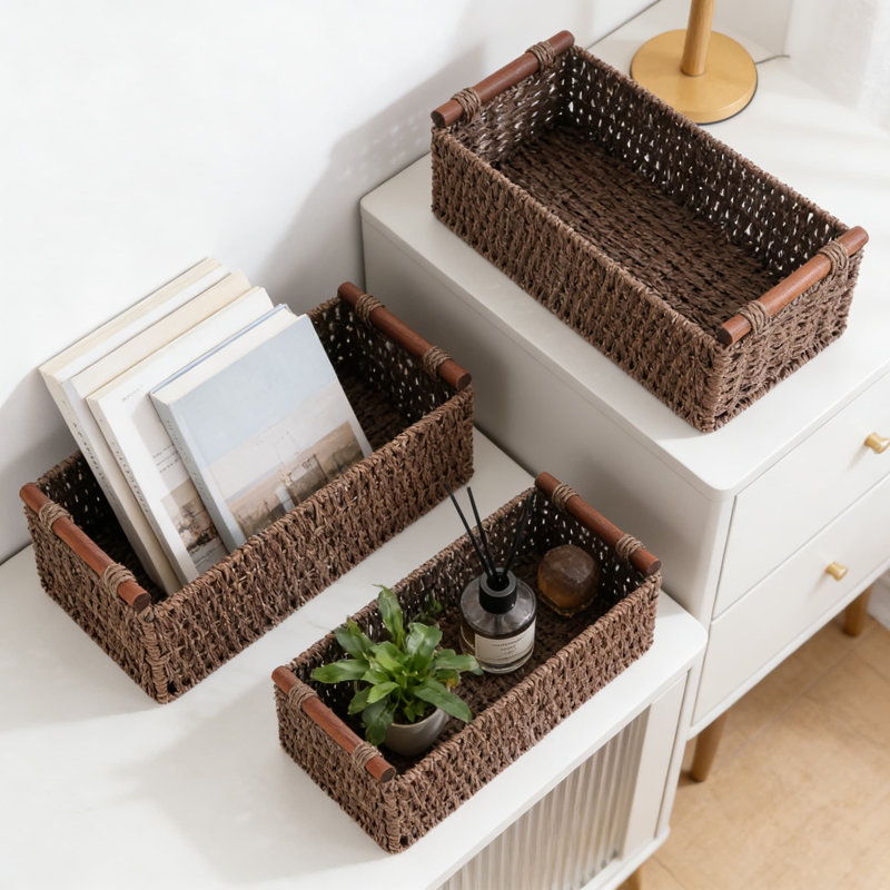 Handmade Woven Paper Rope Storage Baskets Set Of 3, Decorative Wicker Organizer With Wooden Handles For Bathroom, Living Room, And Bedroom