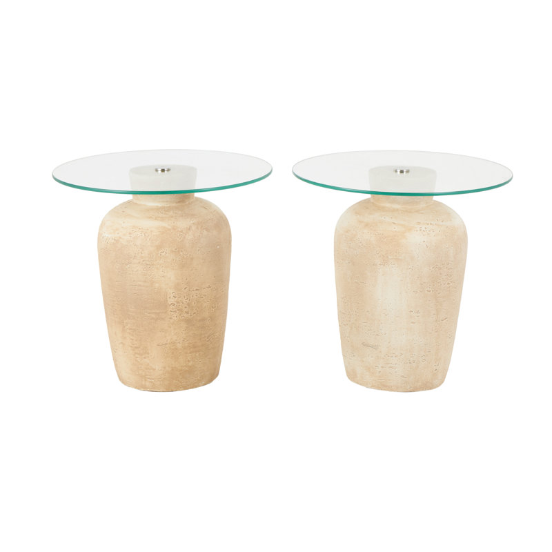 Magnesium Oxide Beige Side End Accent Table With Glass Tabletop Set