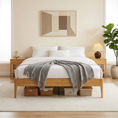 Structure de lit plateforme en bambou naturel de 15 pouces de hauteur, sans sommier, sans bruit avec rangement sous le lit