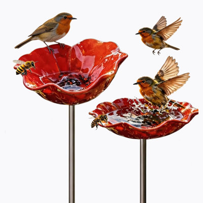 Handmade Metal Flower Garden Stake with Bird Bath & pollinator Water Station, Bee Bath for Garden Metal Bee Water Feeder with Flower Design for Outdoor Yard Decor (2 PCS)