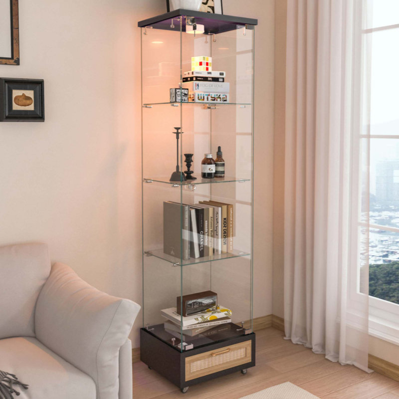 Modern Glass Display Cabinet With Drawer , Quick-Assembly Antique Cabinet With LED Lights, Tempered Glass Bookshelf,  1-Door Storage Case With 4 Shelves  For Living Room And Bedroom