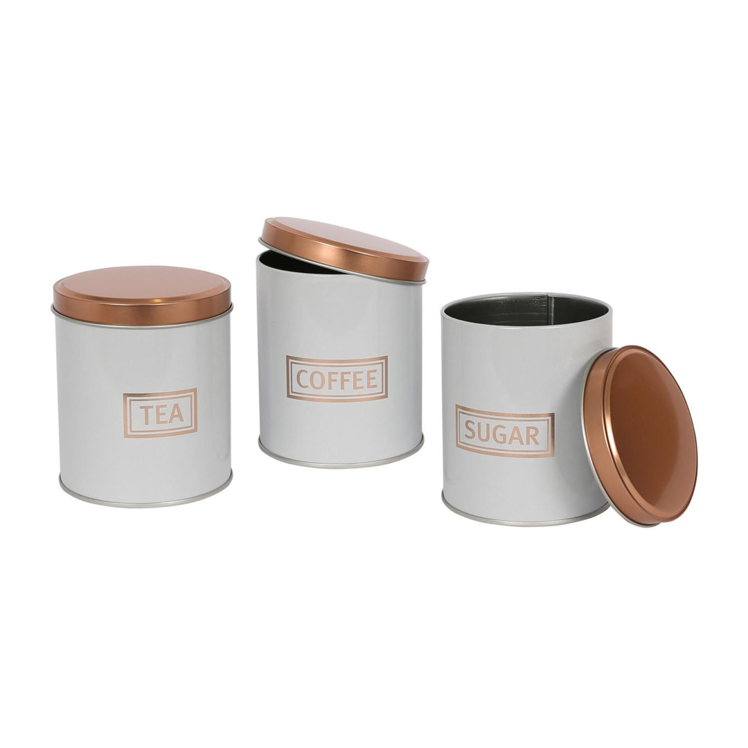 Harbour Housewares White 3Pc Round Metal Tea Coffee Sugar & Copper Canister Set - Image 6