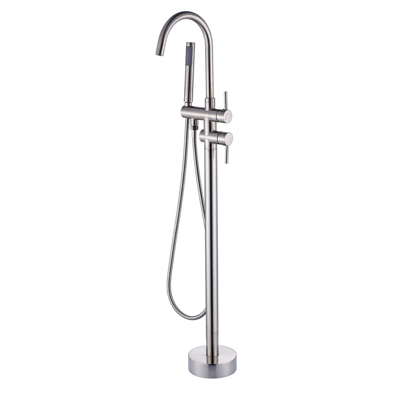 Brushed Nickel Freestanding Floor Mount Tub Filler Faucet with Handheld Shower