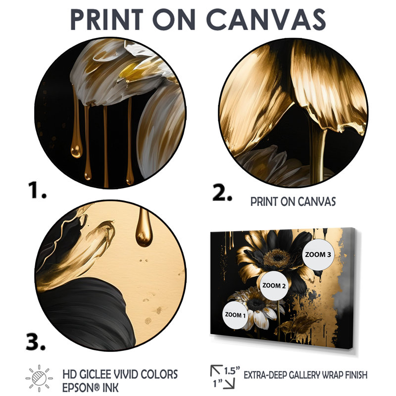 «Black and Gold Daisy II» - art mural traditionnel noir 4 pièces, Impression encadrée sans passe-partout, Noir