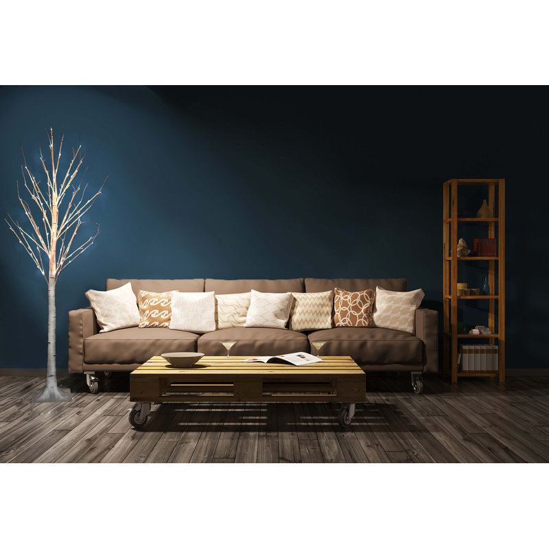 Birch Tree On Metal Base In/Outdoor with LED Lights with 8 Lighting Modes, 83" H x 10"W x 10" D, White