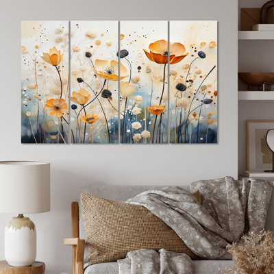" Orange Blue Muted Botanicals I " 4 - Pieces