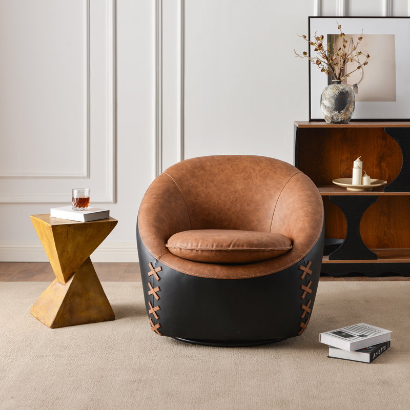 Fauteuil demi-tonneau pivotant en cuir véritable l 32,3 po, Brun