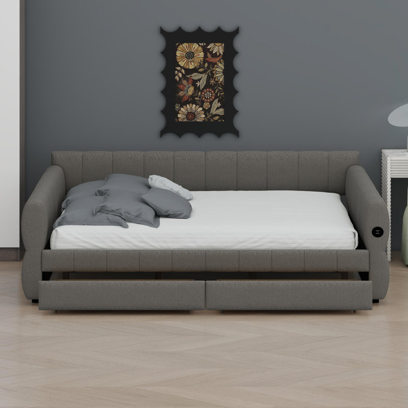 Lit tapissier moderne avec connectivité USB et tiroirs de rangement intégrés, Gris