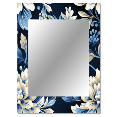 Mathers White And Blue Symmetrical Damask - damask  Wall Mirror, Boho Decorative Mirror, Printed Metal Art