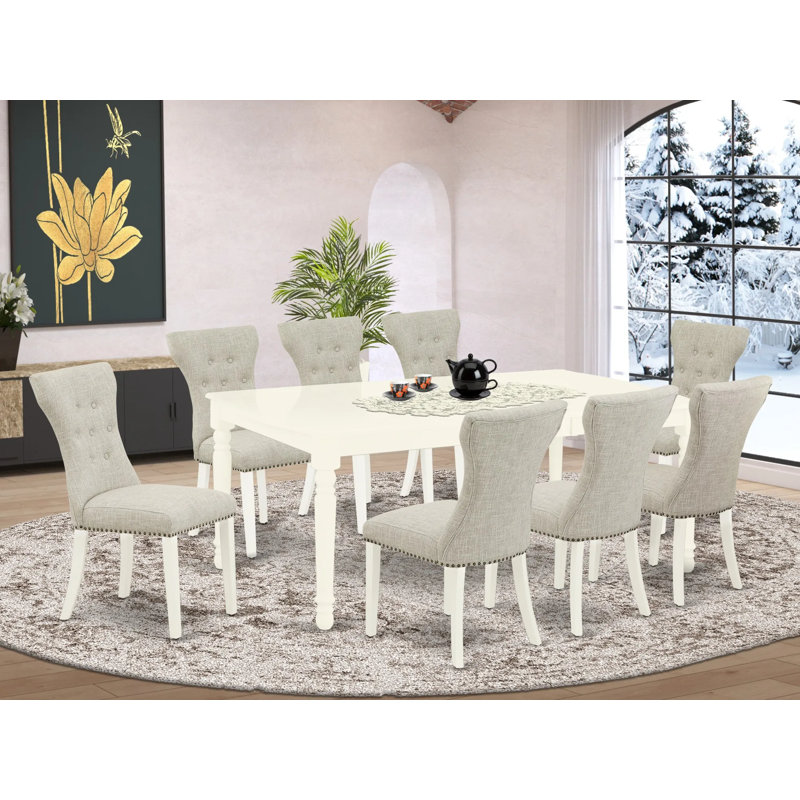9 Piece Dining Table Set Includes a Rectangle Dinner Table with Butterfly Leaf and 8 Doeskin Linen Fabric Parson Dining Chairs, Linen White