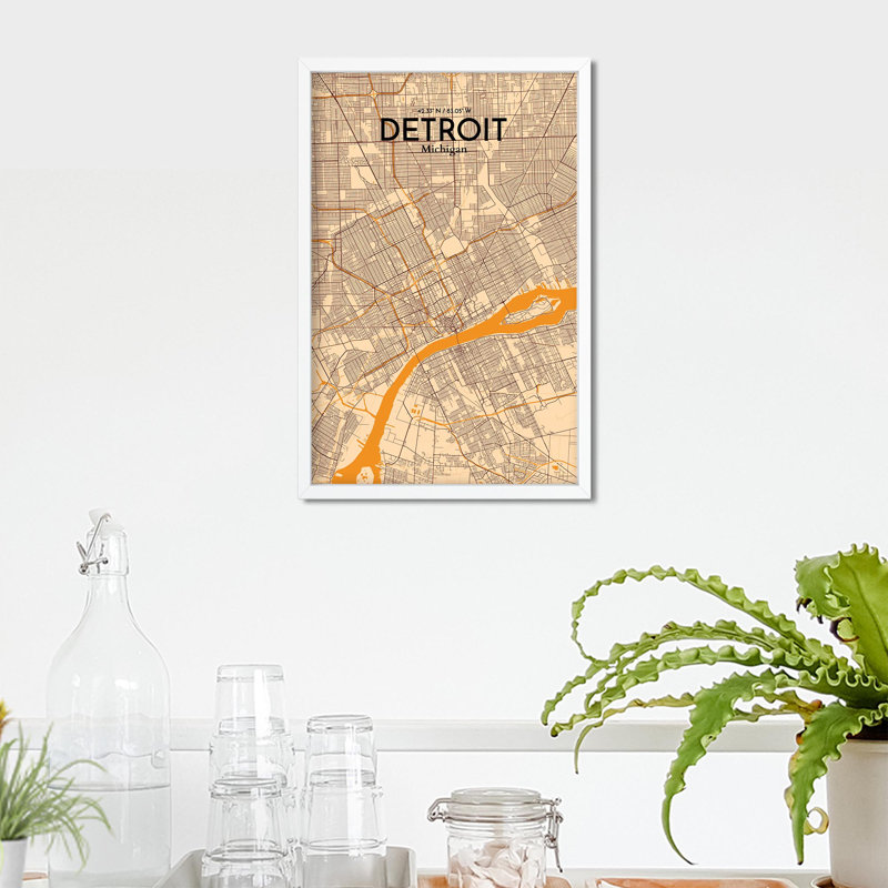 « detroit »-impression d’art graphique sans cadre sur papier, H 17 po x l 11 po x P 0,05 po
