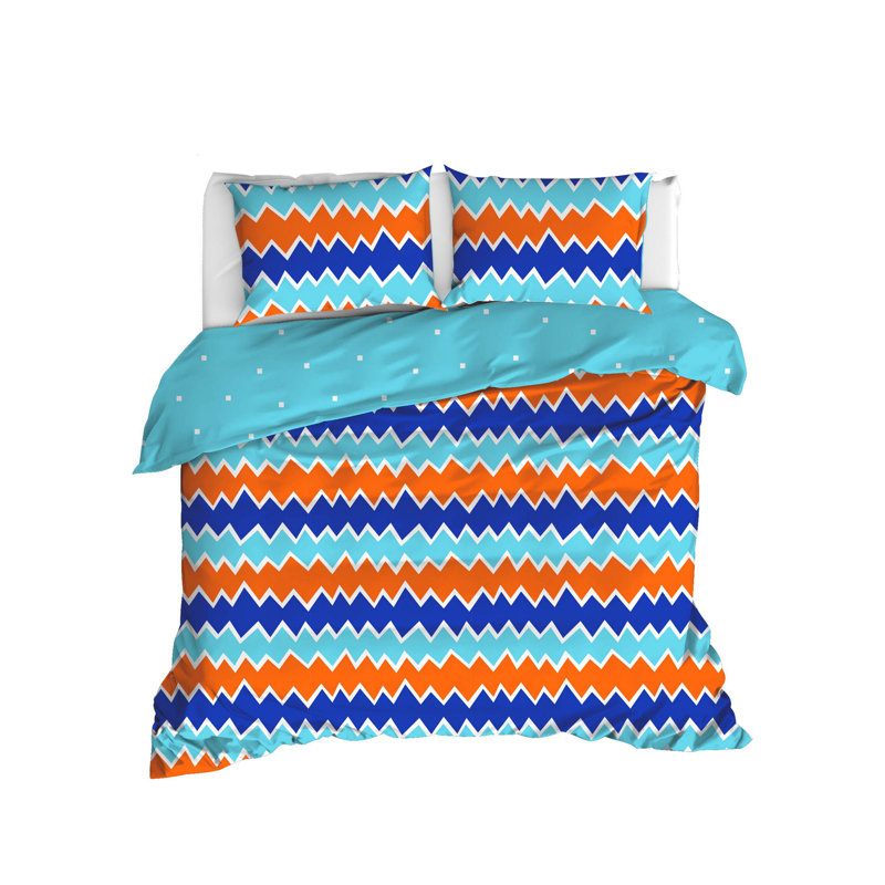 Ensemble de housse de couette 100% coton Cremont, Housse de couette très grand + 2 taies d'oreiller, Orange / bleu / blanc