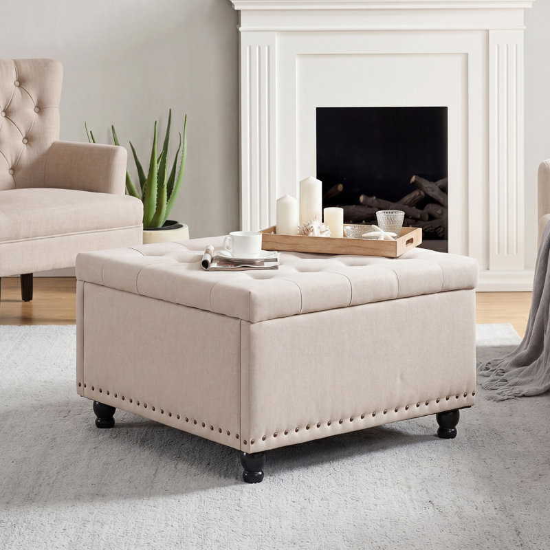 Arshi 30'' Tufted Square Storage Ottoman, Beige Linen Blend