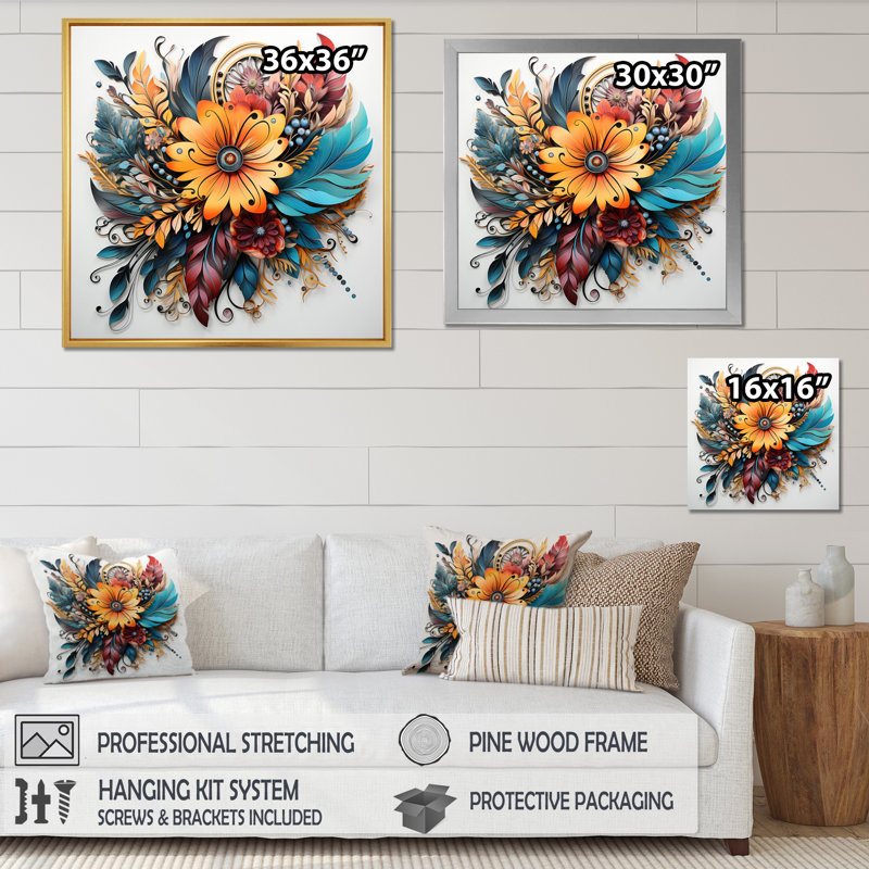 Boho Flowers Bouquet en bleu et or sur toile, Cadre doré à une seule photo, H 16 po x l 16 po x P 1 po