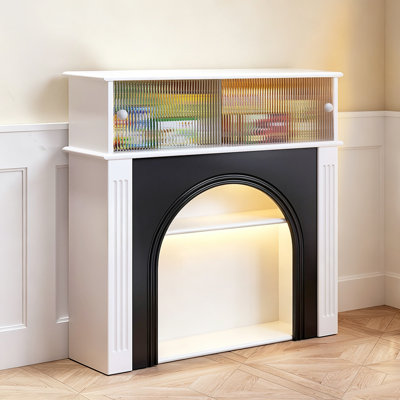 Black White Manufactured Wood Glass Freestanding Fireplace