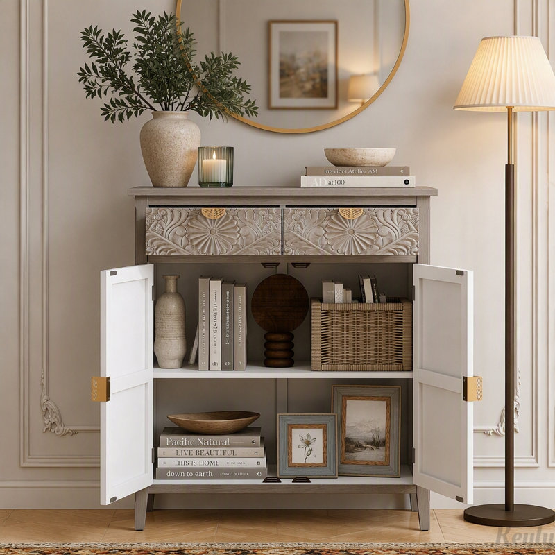 Meuble d'appoint sculpté à la main avec portes à motifs floraux en relief, Natural