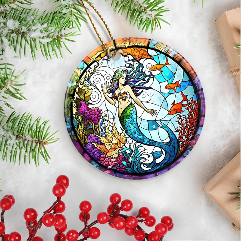 Décoration de Noël, décoration de Noël, idée de cadeau de Noël, souvenir d'héritage, céramique ronde, échange de cadeaux, idée cadeau, sirène