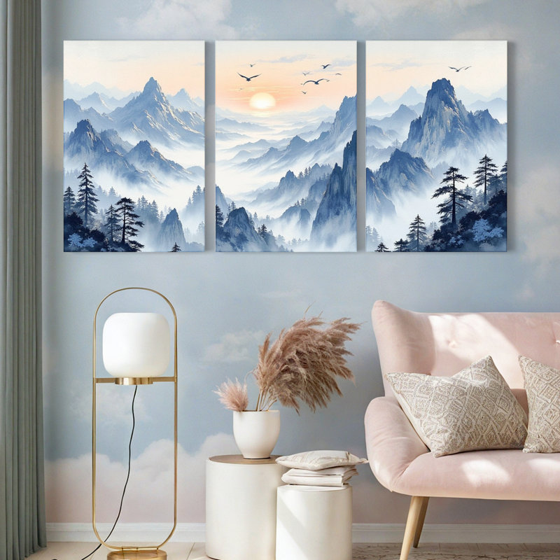 Tableau sur toile tendue représentant un paysage de montagne brumeux (ensemble de 3), H 18 po x l 36 po