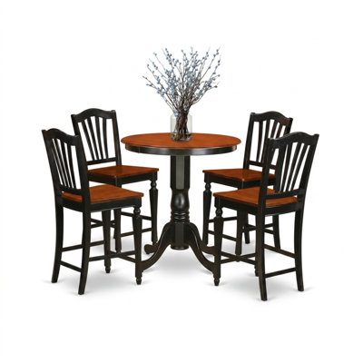 Table de cuisine ronde en bois massif noir chaleureux, hauteur comptoir, avec 4 tabourets de bar (ensemble 5 pièces).