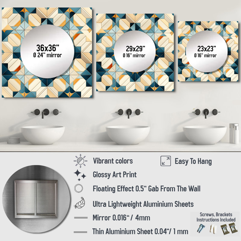 Carrelage marocain antique beige et bleu I - miroir carré moderne pour décoration murale, 29 po x 29 po
