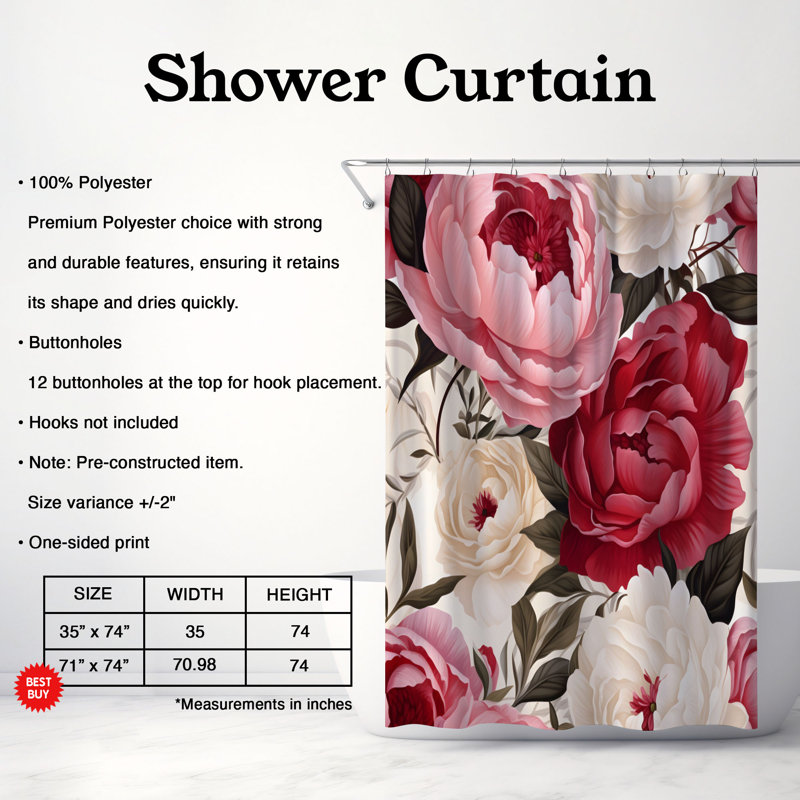 Élégant pivoines - Rideau de douche Premium, H 74 po x l 71 po