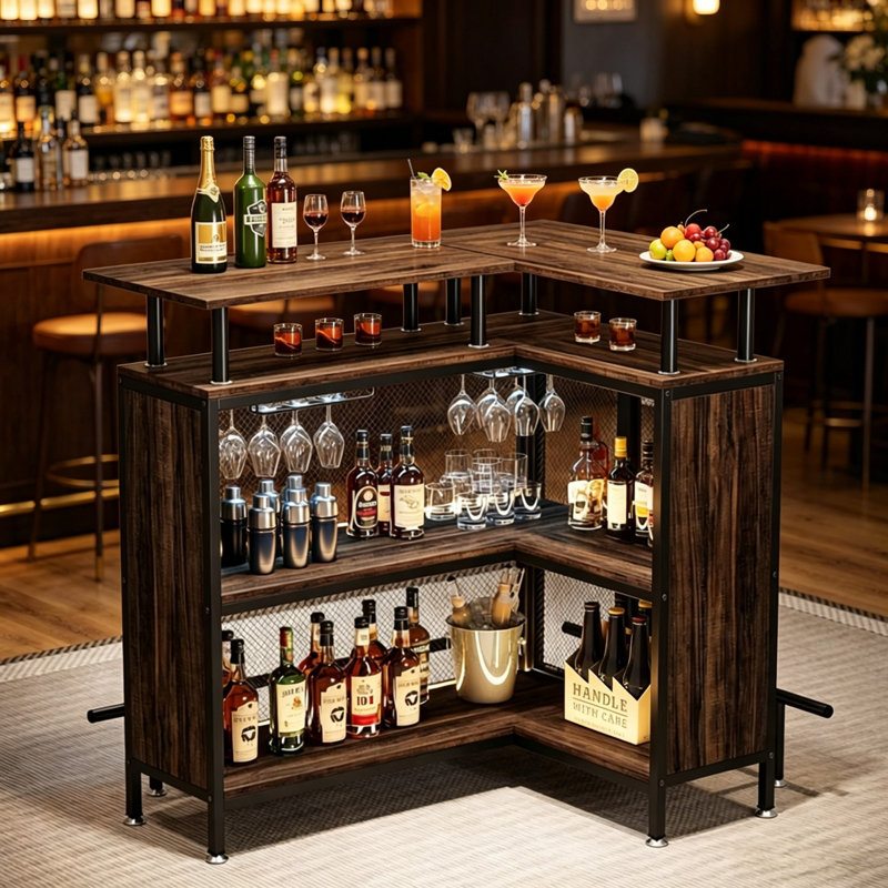 Table de bar - Panneau de fibres à densité moyenne - 1 pièce - Table de bar - Brun - Rangement à plusieurs niveaux