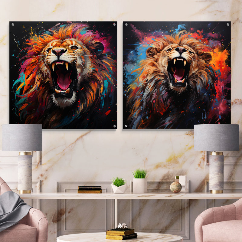 Popart Lion Roarn - Ensemble de 2 verres en acrylique muraux en acrylique, H 16 po x l 33 po