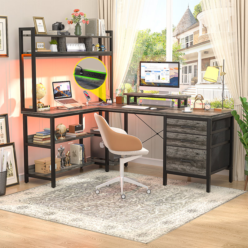 Shelburne 58.7'' W L-Shaped Computer Desk with Tall Hutch,Corner Desk, Gray/Black