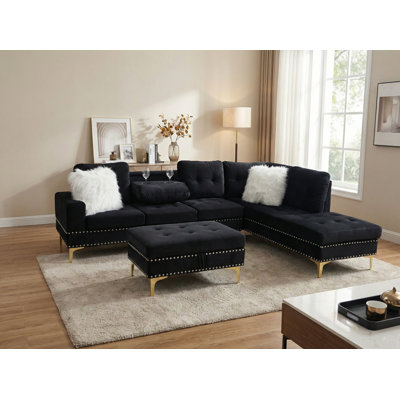 Upholstered L-Shaped Sectional Sofa With Hidden Table