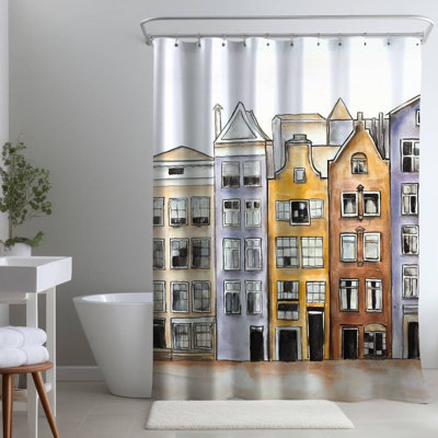 Amsterdam Houses Hotel – Cities Brown Bedroom – Polyester Shower Curtain, Dye Sublimation Print, 71" W × 74" L
