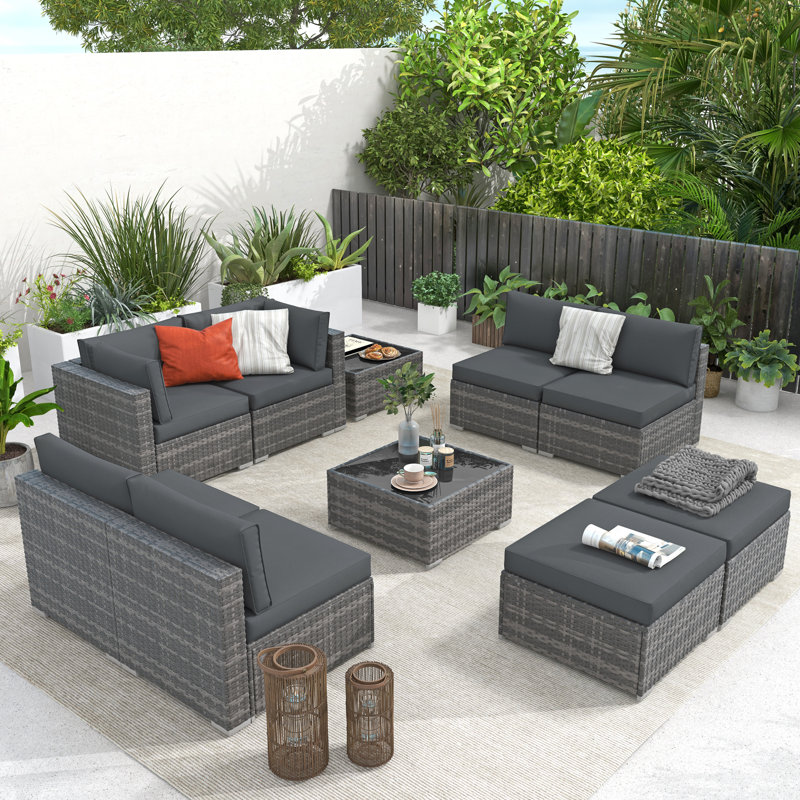 Ensemble de conversation modulaire en rotin 10 pièces avec coussins, Structure grise / coussin gris foncé