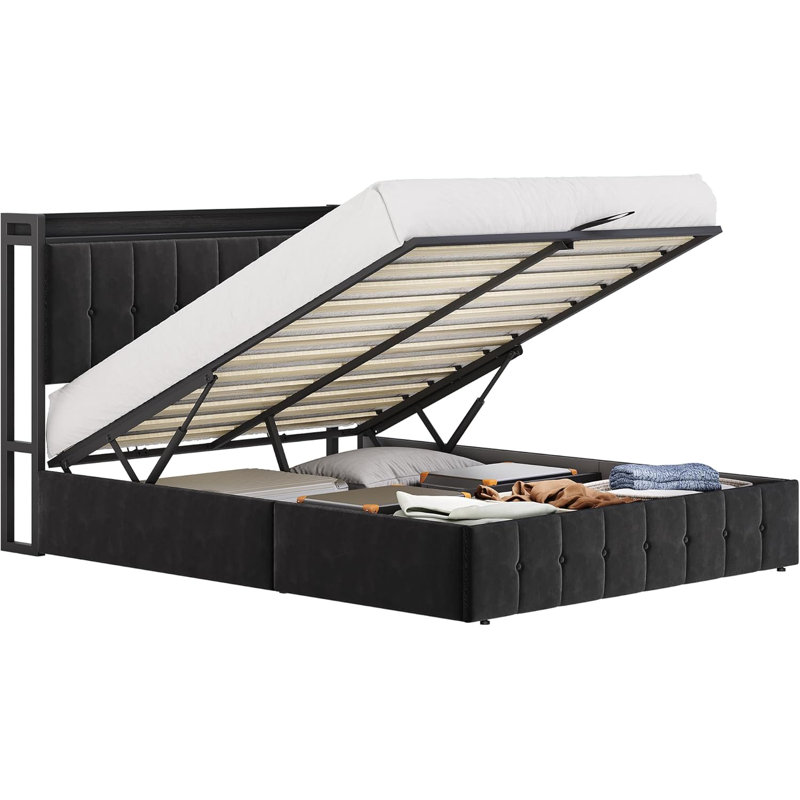 Très grand lit escamotable avec rangement, structure de lit tapissier en velours avec tête de lit, lit plateforme en métal, pas de sommier tapissier, lattes en bois massif, silencieux, gris
