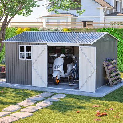 Remise de rangement extérieure 12 x 10 pi, en métal, imperméable, bâtiment utilitaire, cour arrière, espace de rangement gris suffisant, gris pratique, portes verrouillables, - propriété