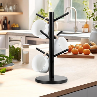 Mug Tree, Thicker Base Coffee Cup Holder For Countertop, Sturdy Wood Coffee Tree Mug Holder Stand With 6 Hooks, Non-Slip Mug Rack For Home Storage And -  Rebrilliant, C5C7789998B246599A4BD696DD5033A3