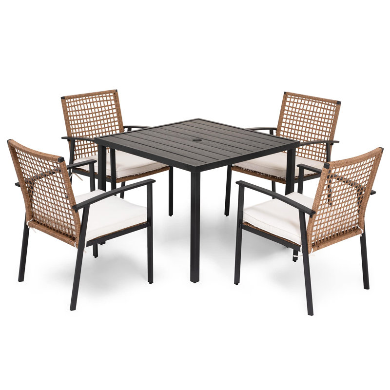 Ensemble de salle à manger d'extérieur Yardgrace 5 pièces en résine tressée avec coussins, table et 4 chaises avec trou pour parasol