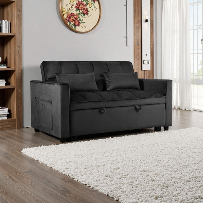 3-in-1 Convertible Sofa Bed With Reclining Backrest, Pull-out Couch With Pillows, Black Velvet